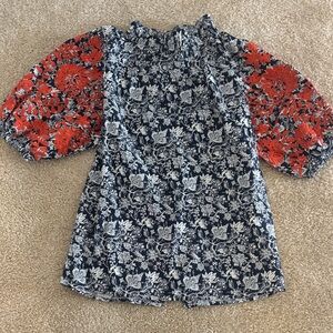 THML Women's Blouse with Coral and Blue Floral Pattern